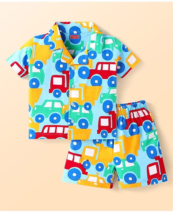 Babyhug Cotton Knit Half Sleeves Shorts Night Suit With Car Print - Light Blue