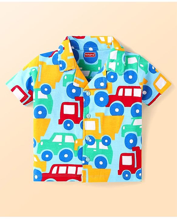 Babyhug Cotton Knit Half Sleeves Shorts Night Suit With Car Print - Light Blue
