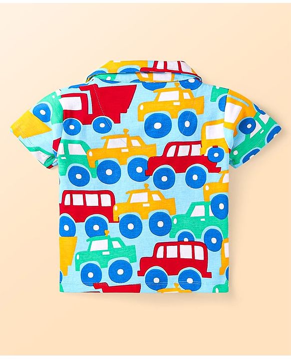 Babyhug Cotton Knit Half Sleeves Shorts Night Suit With Car Print - Light Blue