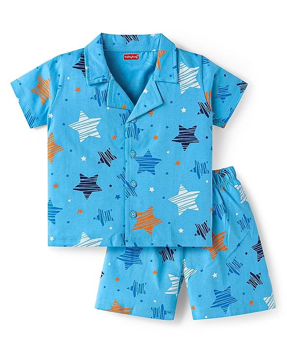 Babyhug Cotton Knit Half Sleeves Front Open Co-ords Shorts Night Suit with Stars Print - Blue