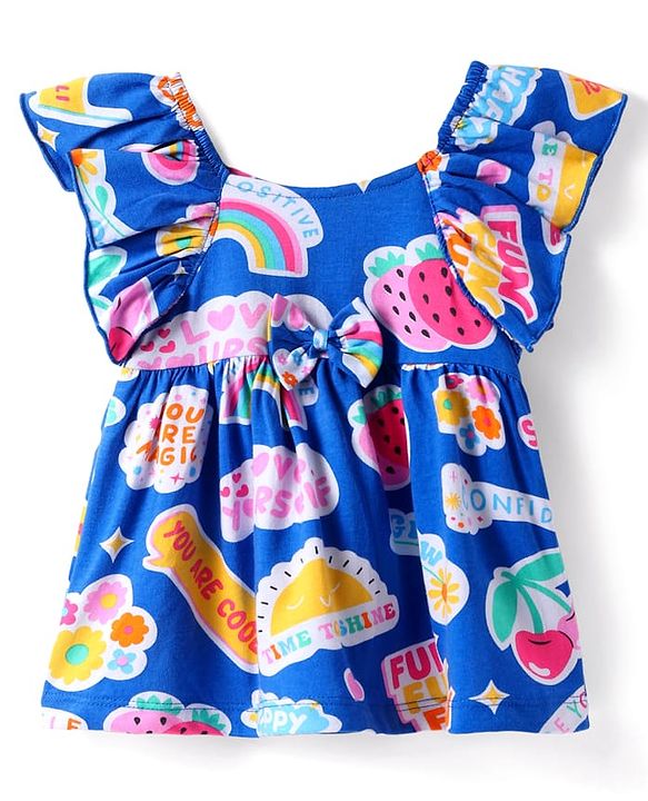 Babyhug 100% Cotton Knit Full Sleeves Frock With Floral Print & Floral Applique - Navy Blue main image 1