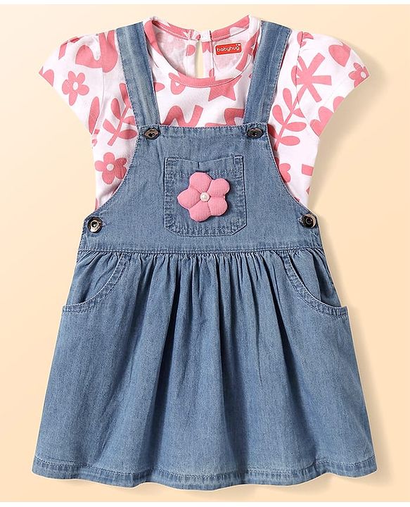 Babyhug Cotton Knit Frock with Half Sleeves Innner T- Shirts With Flower Applique - Pink