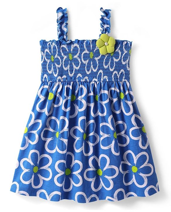 Babyhug Single Jersey Knit Singlet Sleeves Floral Printed Frock with Smocking Detailing & Floral Applique - Blue