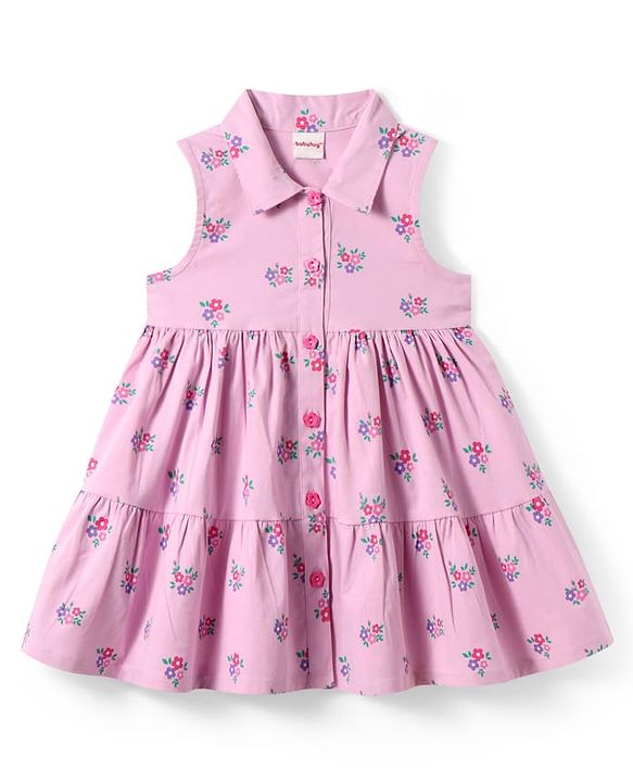 Babyhug Single Jersey Knit Sleeveless Front Open Frock With Floral Print - Lilac