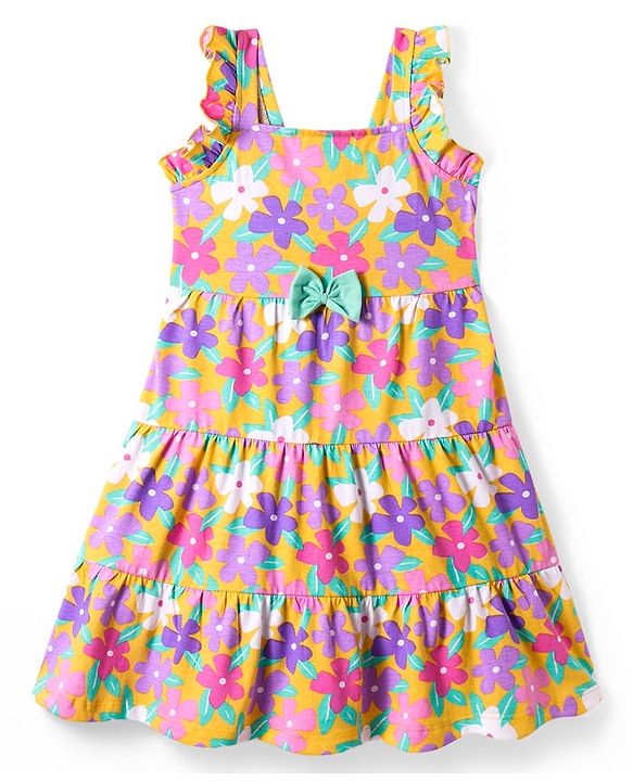 Babyhug Single Jersey Knit Frill Sleeves Frock with Floral Print - Pink Purple & Mustard