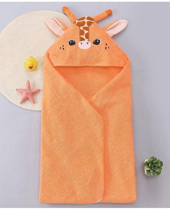 Babyhug Terry Woven Hooded Wrapper with Giraffe Applique L 76.2 x B 76.2 cm - Orange
