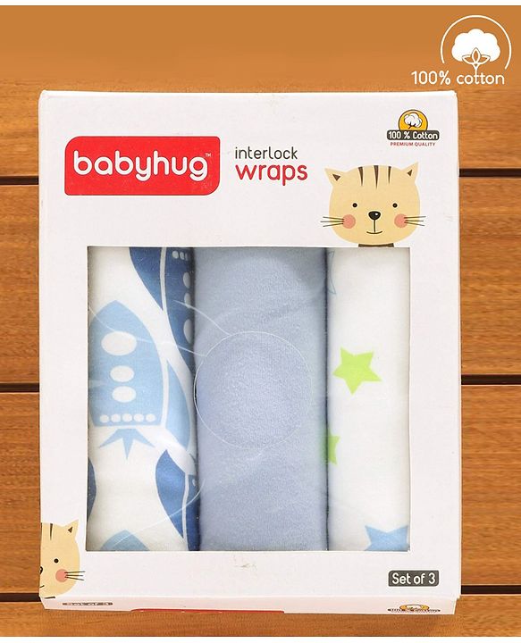 Babyhug 100% Cotton Wrapper Pack of 3 - Green & Blue
