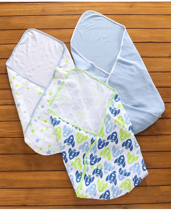 Babyhug 100% Cotton Wrapper Pack of 3 - Green & Blue