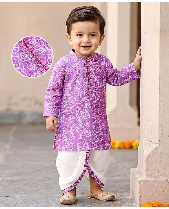 Babyhug Cotton Woven Full Sleeves Dhoti Kurta Set with Floral Print - Plum