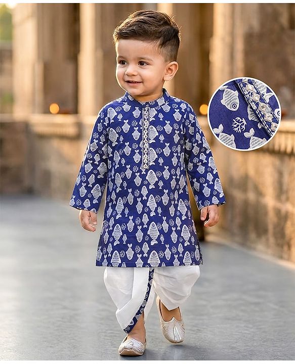 Babyhug Cotton Woven Full Sleeves Kurta Dhoti Set With Fish Print - Navy Blue