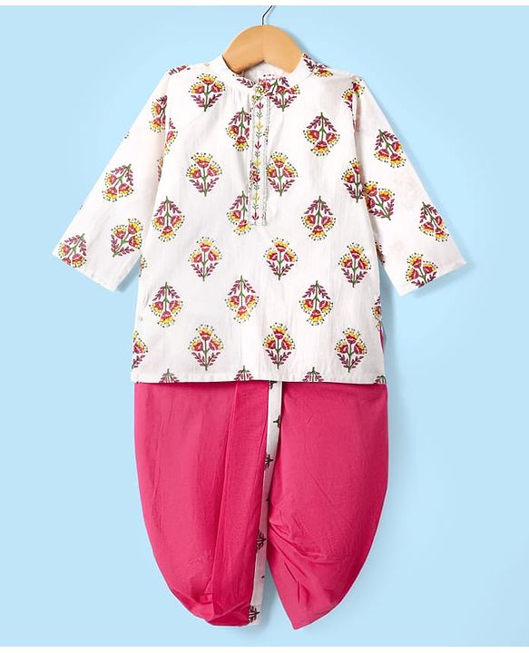 Babyhug Cotton Woven Full Sleeves  Dhoti Kurta Set With Floral Print -  White