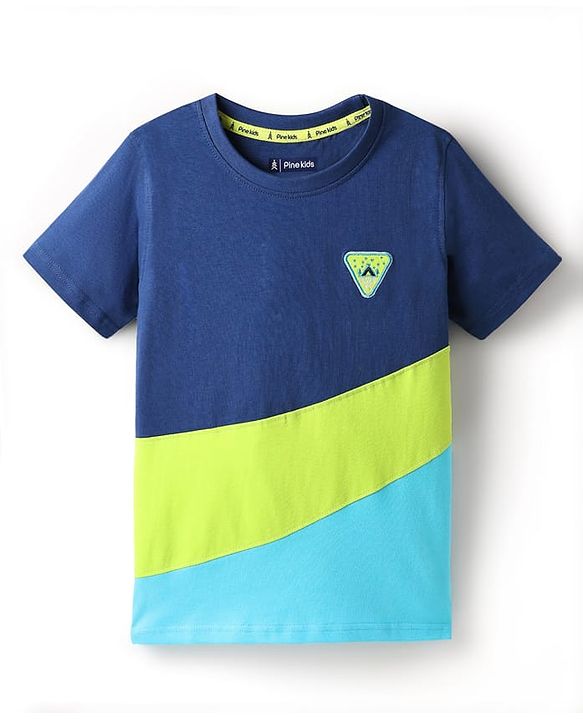 Pine Kids Cotton Knit Half Sleeves Cut & Sew T-Shirt with Patch Detailing - Navy Blue