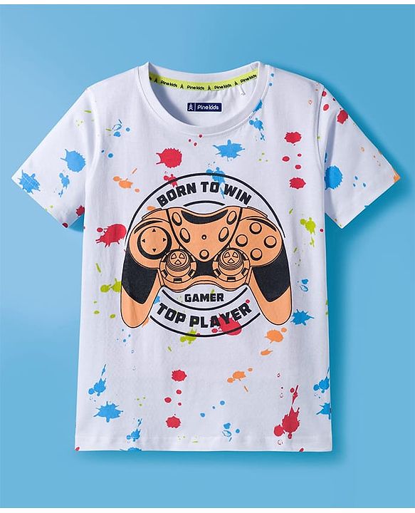 Pine Kids Cotton Knit Half Sleeves T-Shirt With Born To Win Text Print - White