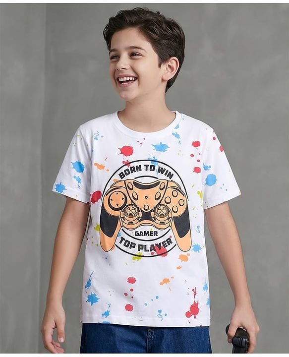 Pine Kids Cotton Knit Half Sleeves T-Shirt With Born To Win Text Print - White