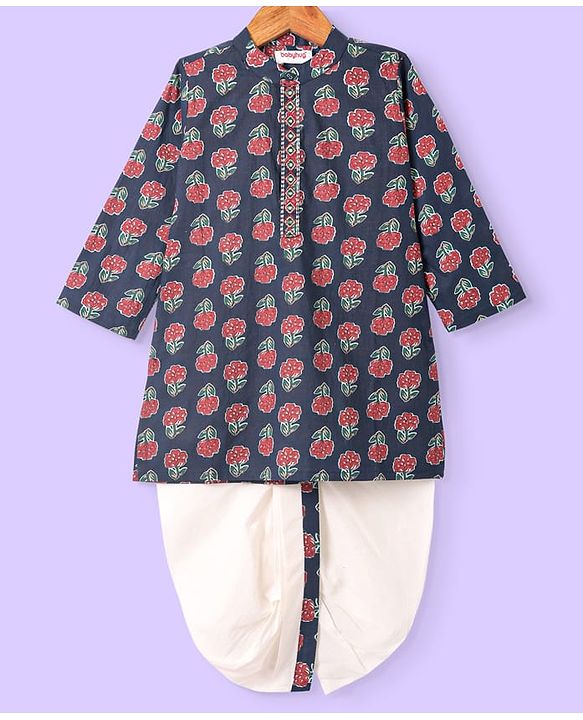 Babyhug Cotton Woven Full Sleeves Kurta Dhoti Set With Floral Print - Navy Blue