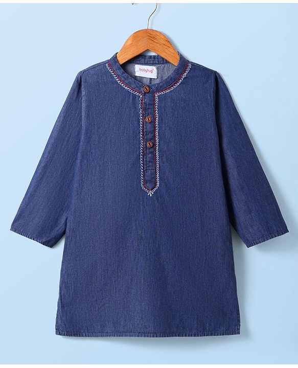 Babyhug Cotton Woven Full Sleeves Solid Color Kurta Pyjama Set - Navy Blue