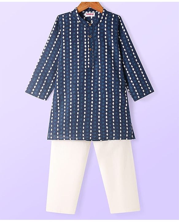 Babyhug Cotton Woven Full Sleeves Printed Kurta Pyjama Set - Navy Blue