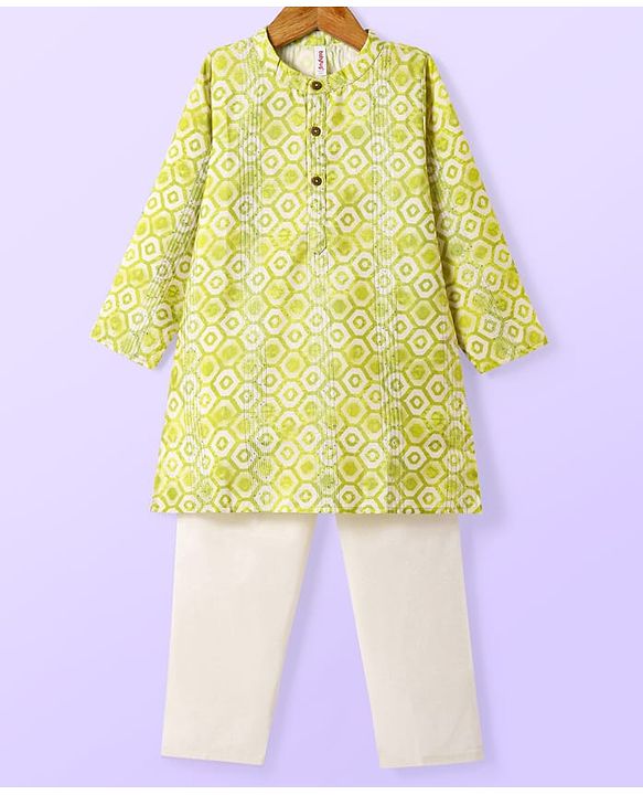 Babyhug Cotton Woven Full Sleeves Kurta & Pyjama Set With Hexagon Print- Green