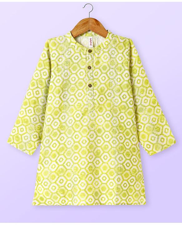 Babyhug Cotton Woven Full Sleeves Kurta & Pyjama Set With Hexagon Print- Green