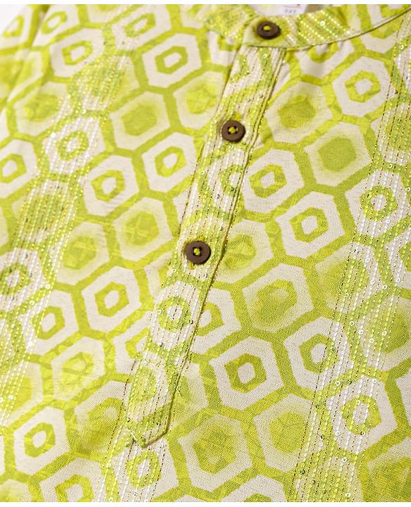 Babyhug Cotton Woven Full Sleeves Kurta & Pyjama Set With Hexagon Print- Green
