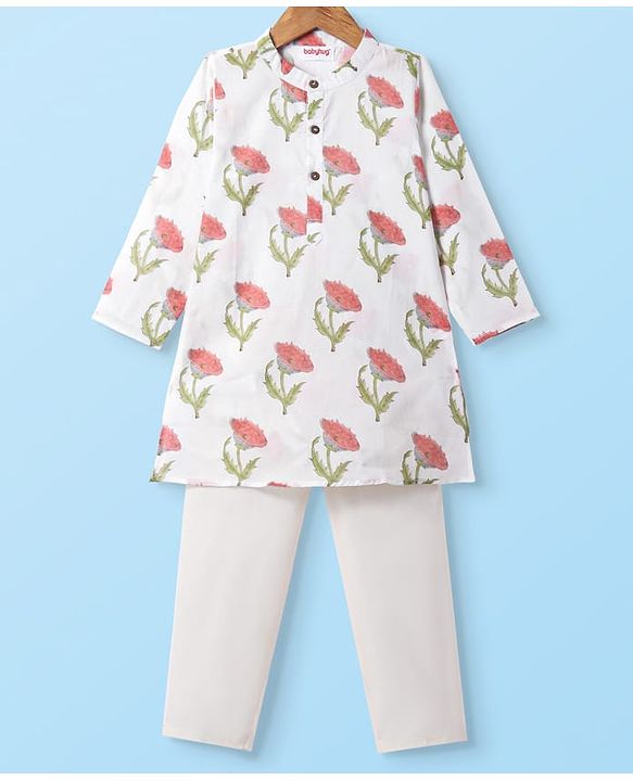Babyhug Cotton Woven Full Sleeves Kurta Pyjama Set With Floral Print - White