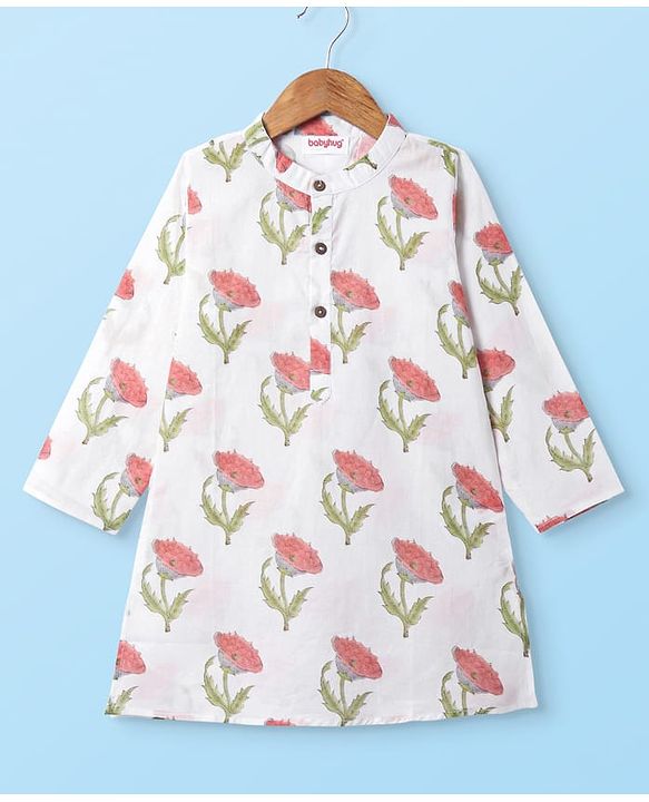 Babyhug Cotton Woven Full Sleeves Kurta Pyjama Set With Floral Print - White