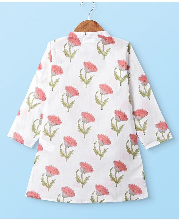 Babyhug Cotton Woven Full Sleeves Kurta Pyjama Set With Floral Print - White