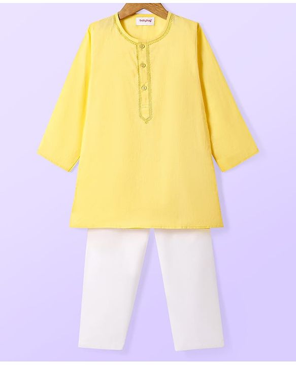 Babyhug Cotton Woven Full Sleeves Kurta & Pyjama Set With Embroidery - Yellow