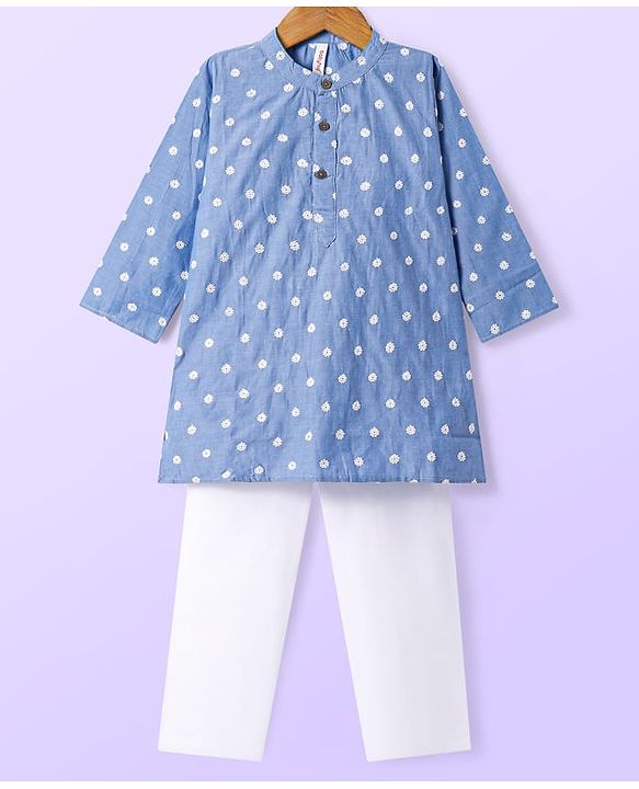 Babyhug Cotton Woven Full Sleeves Kurta & Pyjama Set With Floral Embroidery - Blue