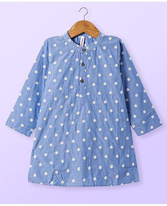 Babyhug Cotton Woven Full Sleeves Kurta & Pyjama Set With Floral Embroidery - Blue
