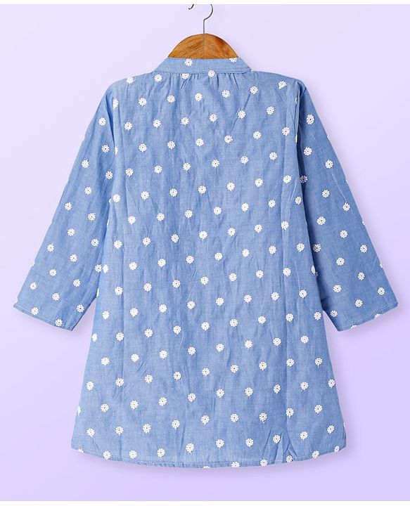 Babyhug Cotton Woven Full Sleeves Kurta & Pyjama Set With Floral Embroidery - Blue