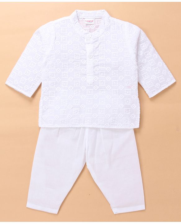 Babyhug Cotton Woven Full Sleeves Kurta & Pyjama Set With Floral Embroidery - White