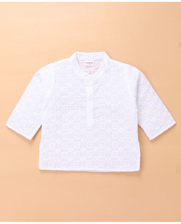 Babyhug Cotton Woven Full Sleeves Kurta & Pyjama Set With Floral Embroidery - White