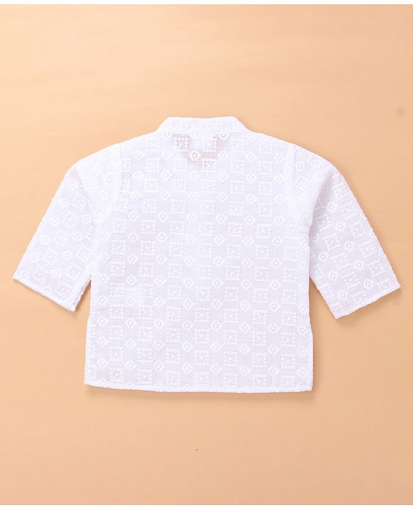 Babyhug Cotton Woven Full Sleeves Kurta & Pyjama Set With Floral Embroidery - White