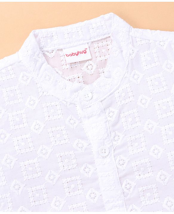 Babyhug Cotton Woven Full Sleeves Kurta & Pyjama Set With Floral Embroidery - White