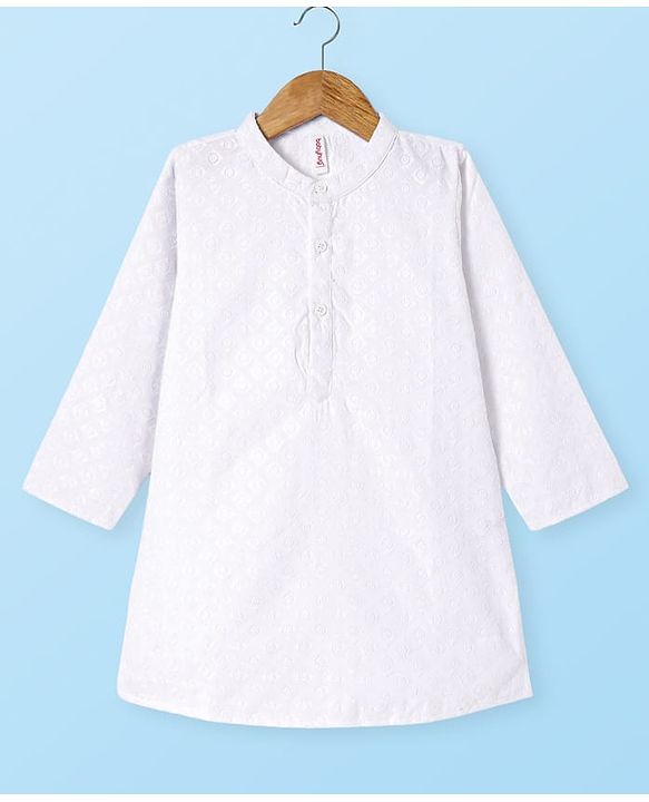 Babyhug Cotton Woven Full Sleeves Kurta & Pyjama Set With Floral Embroidery - White