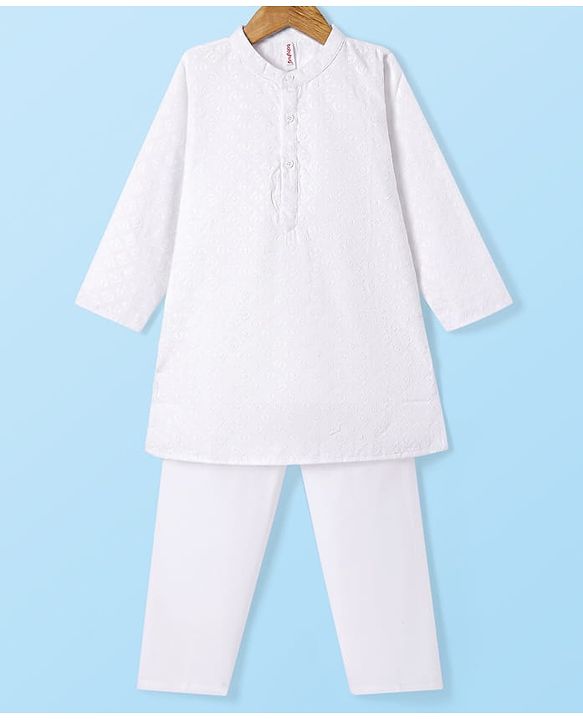 Babyhug Cotton Woven Full Sleeves Kurta & Pyjama Set With Floral Embroidery - White