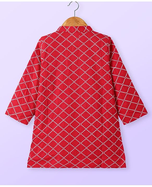 Babyhug Cotton Woven Full Sleeves Kurta & Pyjama Set With Square Embroidery - Red