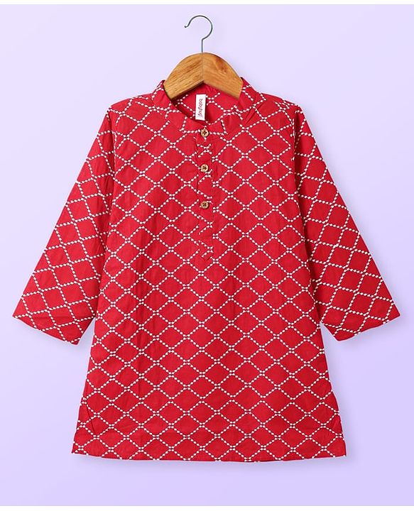 Babyhug Cotton Woven Full Sleeves Kurta & Pyjama Set With Square Embroidery - Red