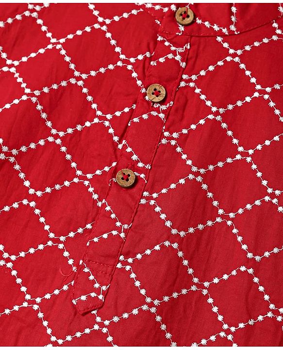 Babyhug Cotton Woven Full Sleeves Kurta & Pyjama Set With Square Embroidery - Red