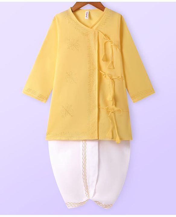Babyhug Cambric Woven Full Sleeves Embroidery Kurta & Dhoti Set - Yellow