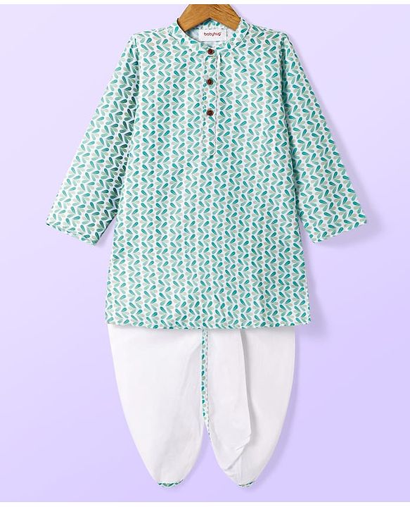 Babyhug Cambric Full Sleeves Kurta Dhoti Set With Leaf Print - Green