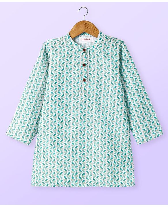 Babyhug Cambric Full Sleeves Kurta Dhoti Set With Leaf Print - Green