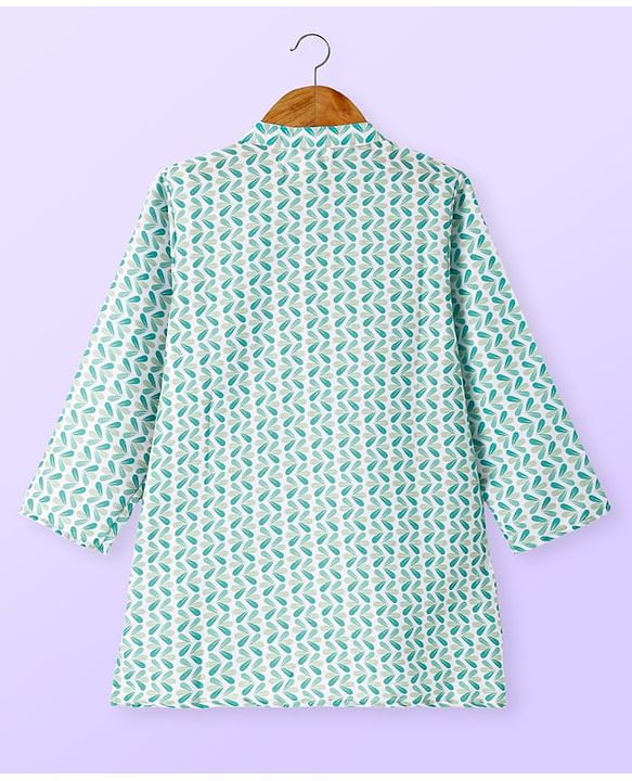 Babyhug Cambric Full Sleeves Kurta Dhoti Set With Leaf Print - Green