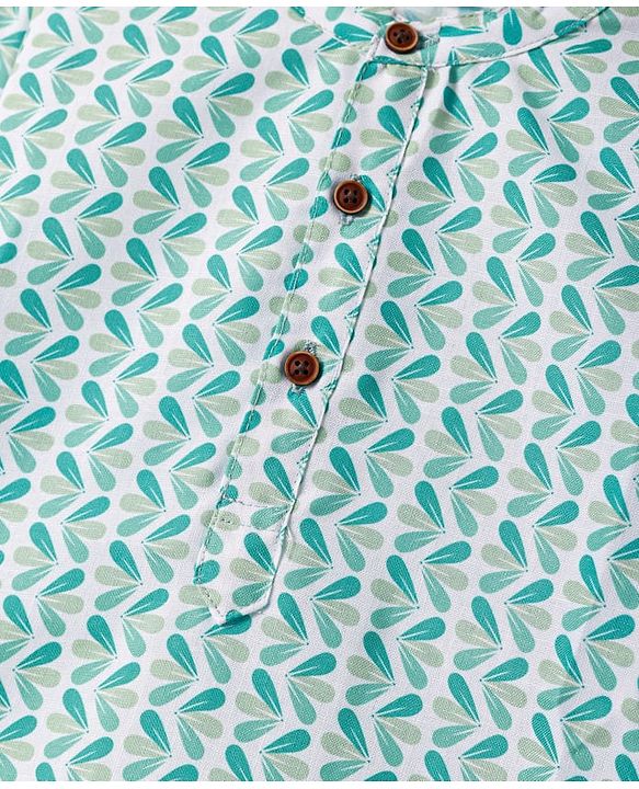 Babyhug Cambric Full Sleeves Kurta Dhoti Set With Leaf Print - Green
