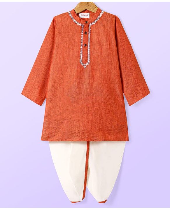 Babyhug Cotton Woven Full Sleeves Kurta Dhoti Set With Embroidery - Orange