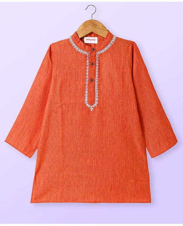 Babyhug Cotton Woven Full Sleeves Kurta Dhoti Set With Embroidery - Orange