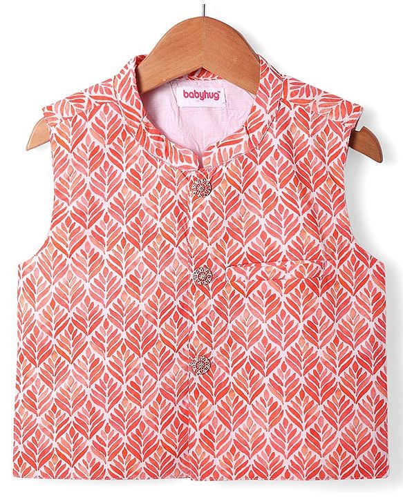 Babyhug Cotton Woven Full Sleeves Solid Kurta Pyjama Set with Leaf Printed Jacket - Coral