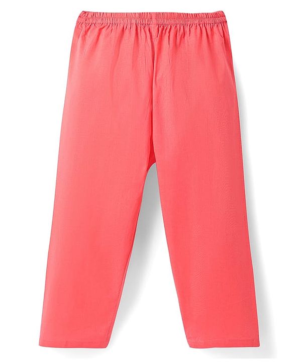 Babyhug Cotton Woven Full Sleeves Solid Kurta Pyjama Set with Leaf Printed Jacket - Coral