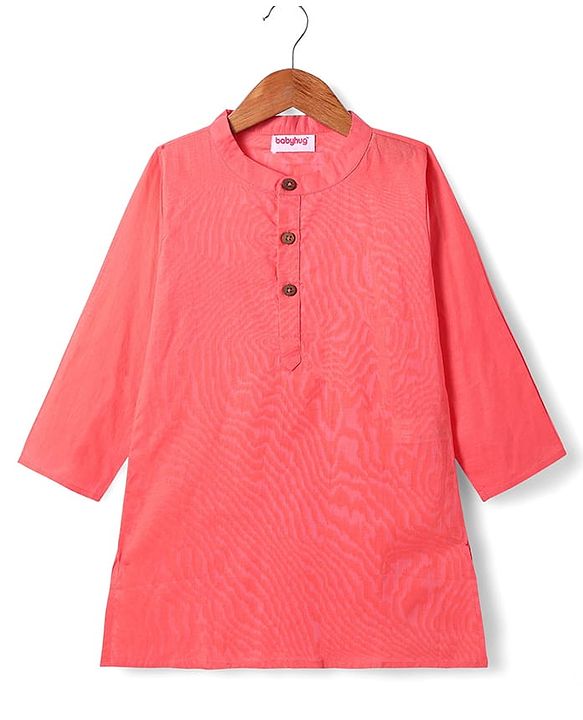 Babyhug Cotton Woven Full Sleeves Solid Kurta Pyjama Set with Leaf Printed Jacket - Coral